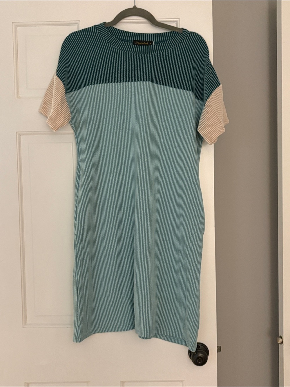 Colorblock Ribbed Midi Dress in Teal, Light Teal and Cream
